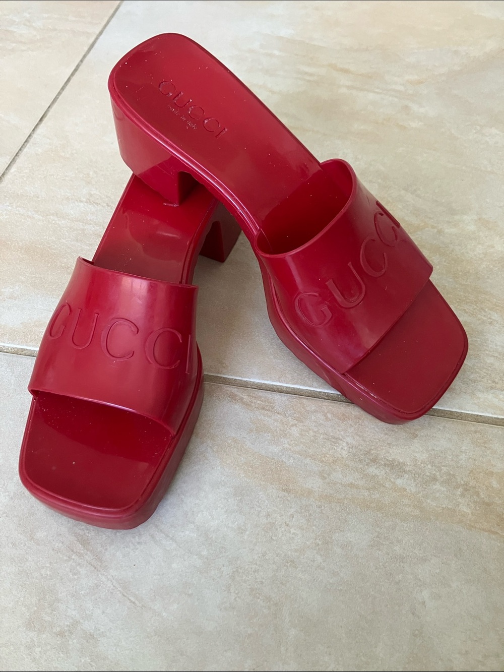 Gucci Red rubber Platform Slide Mules
